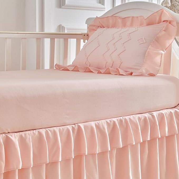 AIKASY The Ruffled Shabby Crib Bedding Set for Girls, Baby Quilted Comforter with Fitted Sheet, Bed Skirt, and Pillowcase（Coral Pink）