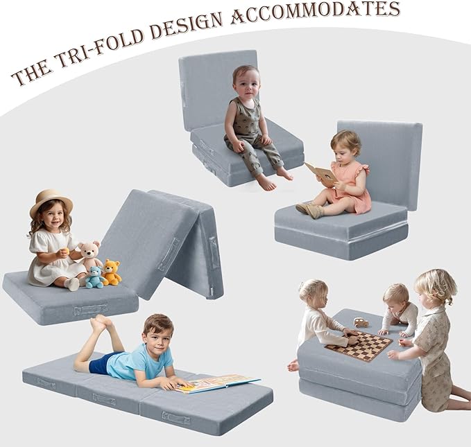 MeMoreCool Foldable Floor Mattress for Kids, Toddler Floor Nap Mat for Sleeping Daycare, Small Child Foldable Mattress Floor Bed, Trifold Futon Portable Tri Folding Mattress, Grey 75x25 Inch
