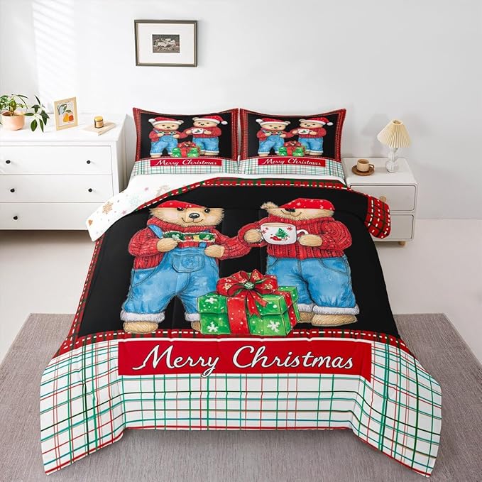 Feelyou Merry Christmas Bedding Set Soft for Boys Girls, Cute Bear Comforter Set King Size Duvet Quilt Microfiber Winter Bedroom Decor 3 Pcs with 2 Pillow Cases