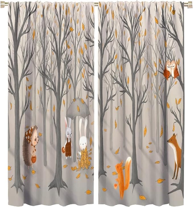 Kids Woodland Animal Window Curtains, Autumn Forest Hedgehog Rabbits Squirrel Fox Birds Blackout Rod Pocket Treatments Drapes for Boys Girls Bedroom 55x63in