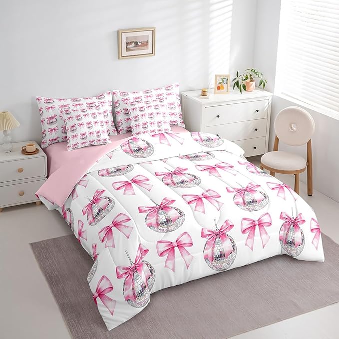7 Pieces Cartoon Bowknot Kid Comforter Set Full,Bow Tie Butterfly Knot Princess Bedding Set,Western Cowgirl Disco Ball Retro Pink White（Comforter+Fitted+Flat Sheet+2 Pillowcases+2 Throw Pillow Covers）