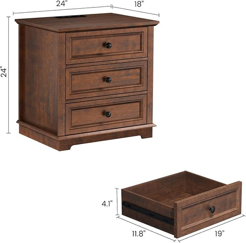 3 Drawer Dresser, Chest of Drawers with Charging Station, 24” Wide End Table with 3 Drawers, Modern Bedside Table with Storage, Wooden Small Dresser. (Cherry)