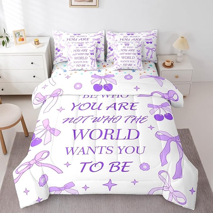 7 Pieces Purple Bowknot Kids Comforter Set King,Cherry Tropical Fruit Stars Daisy Cute Bedding Set,Bow Tie Cartoon Princess Romantic（Comforter+Fitted+Flat Sheet+2 Pillowcases+2 Throw Pillow Covers）
