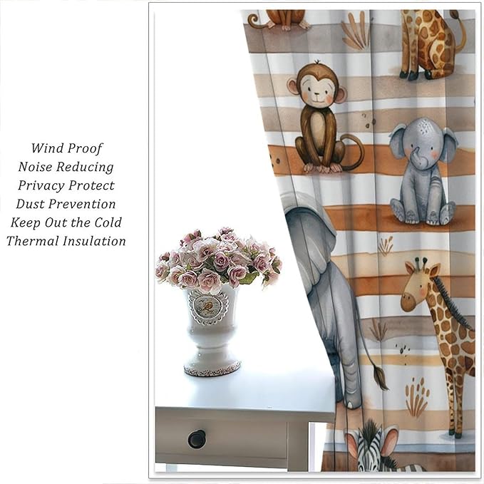 Kids Animal Curtains Elephants Giraffes Monkeys Lions Zebras Window Treatment for Kids Boys Girls Nursery Baby Bedroom Playroom Home Decor Window Drapes 52" W X 84" L