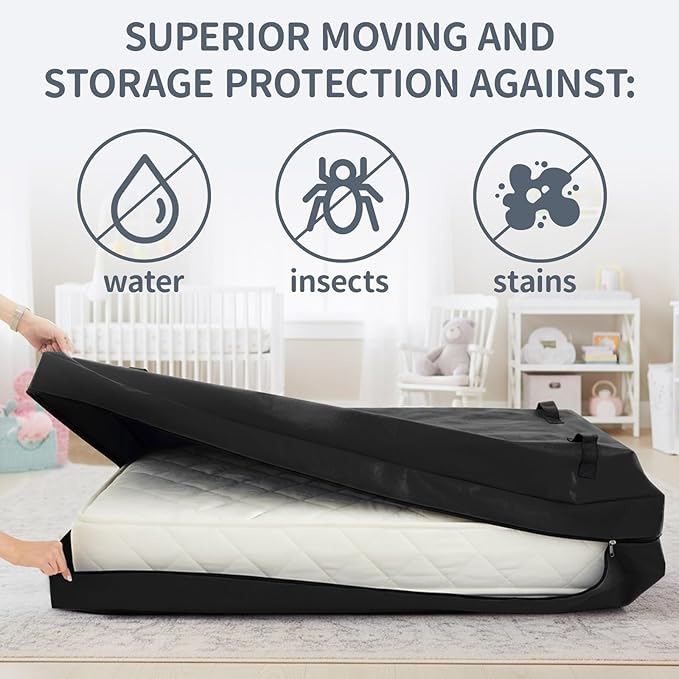 2 Pcs Oxford Cloth Waterproof Crib Mattress Storage Bag with Zipper and 8 Reinforced Handles Heavy Duty Reusable Crib Mattress Cover for Storage, 52.5 x 28 x 6.5 Inches (Black)