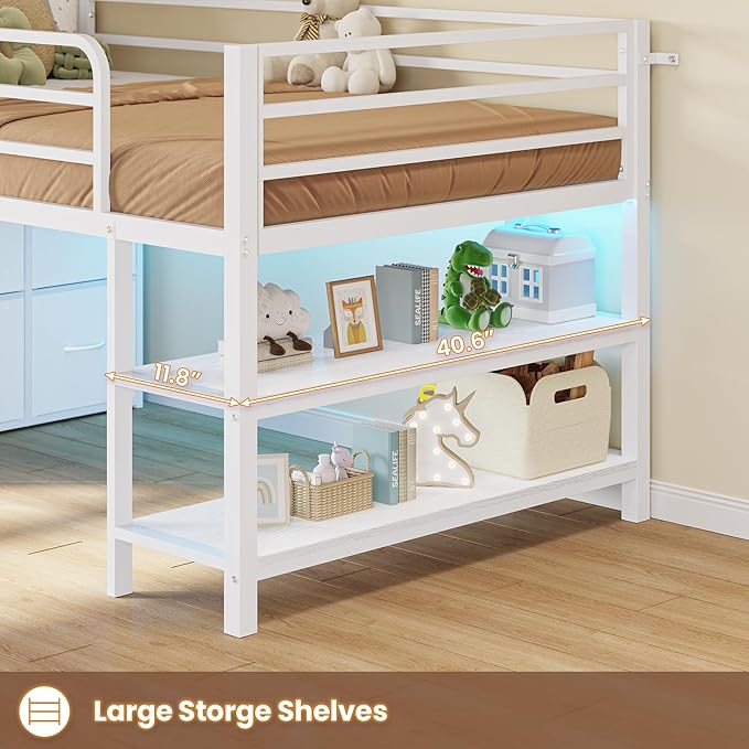 BTHFST Low Loft Bed Twin Size with 6 Storage Drawers, LED Lights, 2 Tier Storage Shelves, Kids Metal Loft Bed with 15" H Stairs & Safety Guardrail, Spave Saving, White