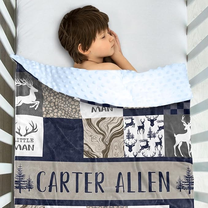 Personalized Baby Blanket with Name – Woodland Antlers Theme Navy Soft Receiving Blanket for Newborn Boys Girls, Custom, Cozy Nursery Decor for Toddlers