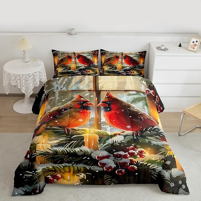 Feelyou Merry Christmas Kids Comforter Set Toddler Size Cardinal Bedding Set Winter Bird Duvet Quilt for Kids Boys Girls Bedroom Red Berries Decor Microfiber Ultra Soft Breathable