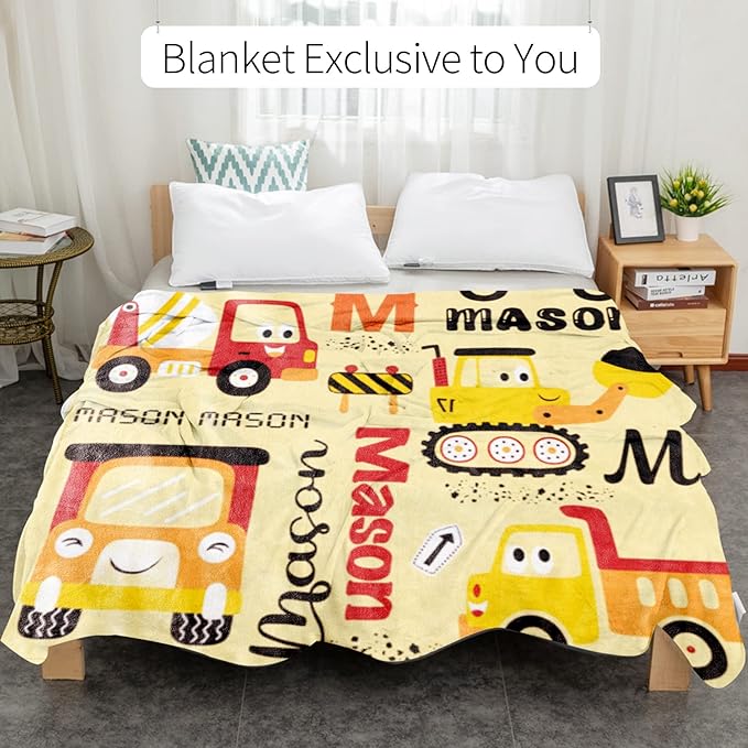 Personalized Construction Blanket for Boys Girls with Name, Custom Name Blanket Construction Vehicles, Soft Flannel Teen Blankets Customized Gift for Birthday Christmas-50x60in