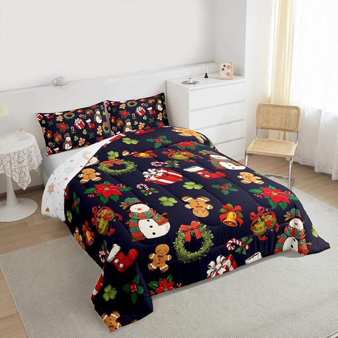jejeloiu Merry Christmas Comforter Set Twin Size Cute Snowman Bedding Set for Kids Boys Girls Gingerbread Man Duvet Quilt Dark Blue Bedroom Decor
