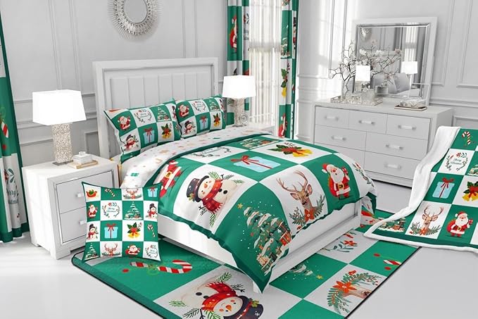Erosebridal Merry Christmas Quilt Twin Size for Kids Teens Santa Claus Xmas Tree Bedding Set Cartoon Deer Snowman Comforter Set with 1 Pillow Case