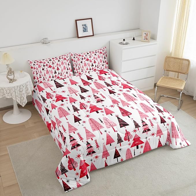 Manfei Pink Xmas Trees Comforter Set King Size, Christmas Theme Bedding Set 3pcs for Kids Boys Girls Adults Room Decor, Happy New Year Down Comforter Soft Polyester Quilt Set with 2 Pillowcases