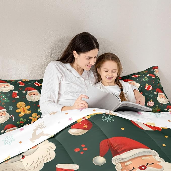 Feelyou Christmas Bedding Set Soft for Boys Girls, Santa Xmas Tree Comforter Set Toddler Size Gingerbread Man Duvet Quilt Microfiber Snowflake Stockings Bedroom Decor 2 Pcs with 1 Pillow Cases