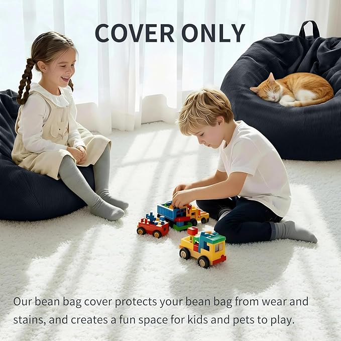 Nobildonna 3 ft Bean Bag Chair Cover (No Filler) 35"×43" Large Stuffed Animal Storage Bean Bag Washable Big Beanbag Chair Cover Premium Corduroy Stuffable Bean Bag Cover for Adults,Kids,Black 300L