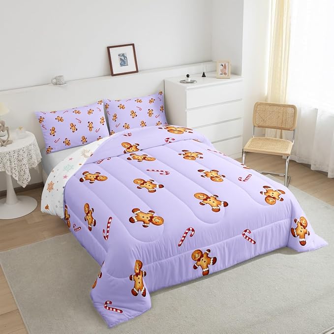 jejeloiu Kids Cute Gingerbread Man Comforter Set Toddler Christmas Theme Bedding Set for Boys Girls Teens Xmas Candy Cane Happy New Year Purple Duvet Quilt Room Decor