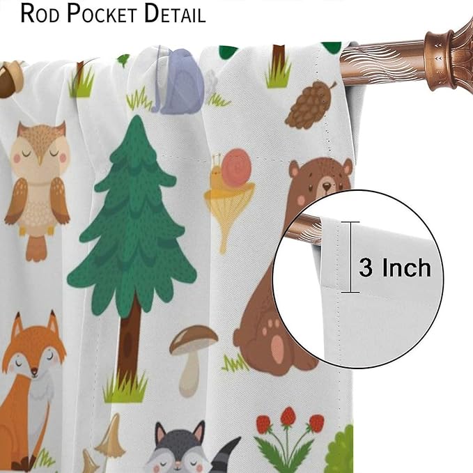 Jungle Animal Curtains, Woodland Animals Forest Pattern Blackout Window Treatments, Rod Pocket Thermal Insulated Drapes 2 Panel Sets for Kids Room Nursery Classroom, 42" W X 54" L