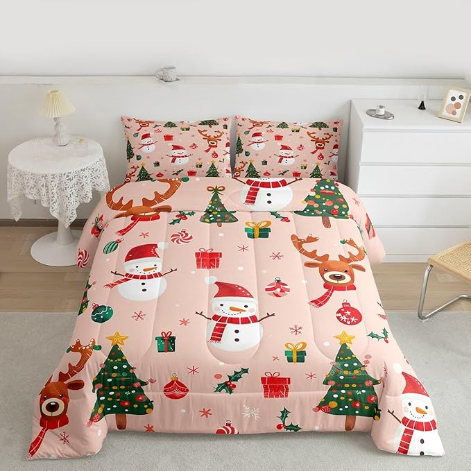Feelyou Christmas Comforter Set Twin Size Snowman Bedding Set for Kids Boys Girls Deer Xmas Tree Duvet Quilt New Year Gift Bedroom Decor Snowflake Microfiber 2 Pcs with 1 Pillow Cases