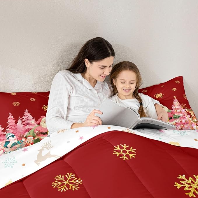 jejeloiu Merry Christmas Comforter Set Full Size Santa Claus Bedding Set for Kids Boys Girls Cute Deer Duvet Quilt Red Bedroom Decor