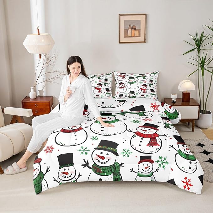 Feelyou Christmas Comforter Set All Season Snowman Bedding Set with 1 Pillow Cases Snowflake Microfiber Kids Toddler Bedclothes Bedroom Decor Duvet Quilt Breathable Soft Lightweight