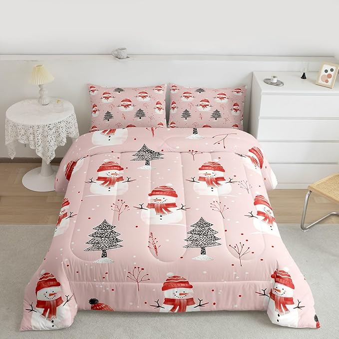 Feelyou Cute Snowman Bedding Set Soft for Boys Girls, Christmas Trees Comforter Set Queen Size Xmas Snowflake Duvet Quilt Microfiber Christmas Decor Bedroom Decor Holiday 3 Pcs with 2 Pillow Cases