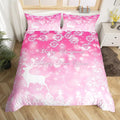 Manfei Christmas Pink Duvet Cover Set Full Size, Xmas Trees Deer Snowflake Bedding Set 3pcs for Kids Girls, New Year Theme Comforter Cover Soft Polyester Quilt Cover with 2 Pillowcases,No Comforter