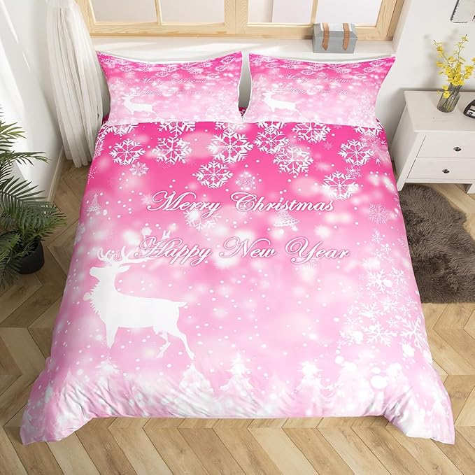 Manfei Christmas Pink Duvet Cover Set Full Size, Xmas Trees Deer Snowflake Bedding Set 3pcs for Kids Girls, New Year Theme Comforter Cover Soft Polyester Quilt Cover with 2 Pillowcases,No Comforter