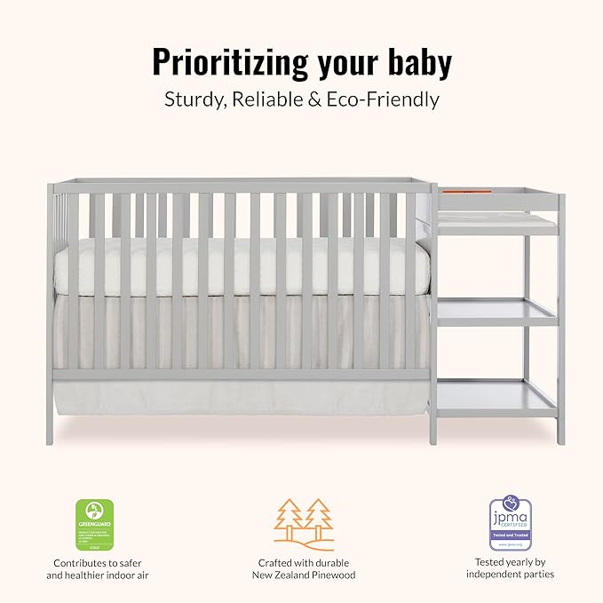Dream On Me Synergy 3-in-1 Convertible Full-Size Baby Crib & Changer, Pebble Grey, Open Storage, GreenGuard Gold & JPMA, Pinewood, Convert to Day & Toddler Bed, 4 Mattress Heights, 1″ Changing Pad,