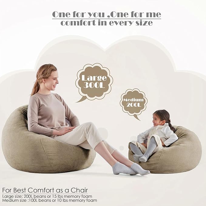 Nobildonna 3 ft Bean Bag Chair Cover (No Filler) 35"×43" Large Stuffed Animal Storage Bean Bag Washable Big Beanbag Chair Cover Premium Corduroy Bean Bag Cover for Adults,Kids,Khaki Gray 300L