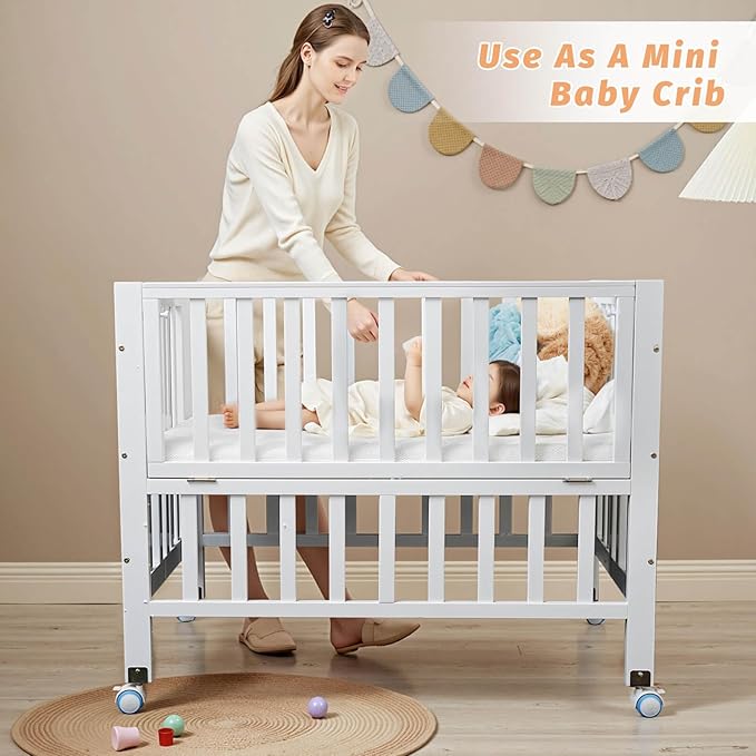 Folding Wood Bedside Bassinet - Portable 4-in-1 Baby Bassinet with Breathable Mattress,3 Heights Baby Crib with Wheels,Mini Crib for Infant Newborn and Small Space,White
