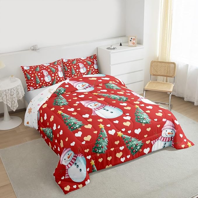 Feelyou Merry Christmas Comforter Set Full Size Cute Snowman Bedding Set for Kids Boys Girls Christmas Tree Duvet Quilt Love Hearts Microfiber 3 Pcs with 2 Pillow Cases