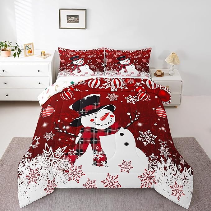 Manfei Snowman Comforter Set Full Size, Snowflake Balloon Xmas Decor Down Comforter with 2 Pillowcases, Christmas Red Bedding Set 3pcs for Kids Boy Girls Bedroom Decor Lightweight Duvet Insert