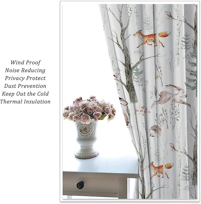 Rustic Forest Window Curtains, Watercolor Woodland Animals Owl Hedgehog Fox Butterfly Forest Squirrel and Bear Blackout Windows Door Curtain for Bedroom Living Room Home Decor 63x72in