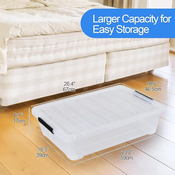 42 L 4 Packs Plastic Under Bed Storage Container with Lids, Clear Underbed Storage Bin with Wheels