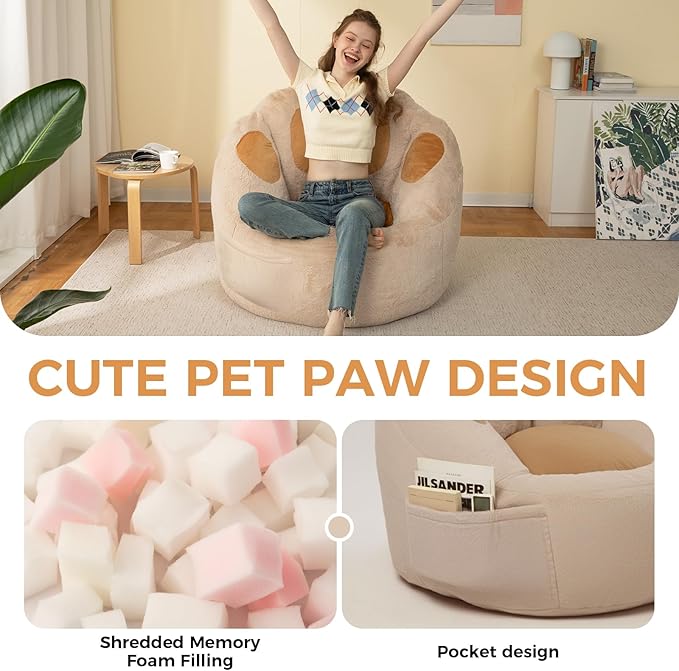 Bean Bag Chair for Adults Teens, Faux Fur Pet's Paw Shape Beanbag Chairs Memory Foam Filled Accent Floor Sofa for Kids Reading, Gaming, Relaxing in Living Room, Bedroom, Dorm, Playroom