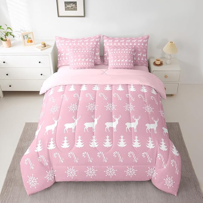 Erosebridal Christmas Queen Bedding Set 7 Piece,Xmas Elk Deer Bed in A Bag,Candy Snowflake Comforter Set Pine Tree Woodland Animals Sheet Set with Comforter,Pink Christmas Decoration