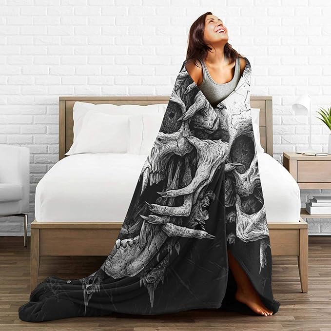 Skull Blanket for Girls Boys Horrible Gothic Throw Blankets Soft Cozy Warm Fuzzy Fleece Cool Black White Bedding Flannel Throws Stuff Gifts for Skull Lovers Kids Men Women Bedroom Decor 80"x60"