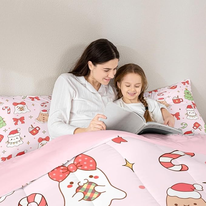Feelyou Christmas Bedding Set Soft for Boys Girls, Cute Bow Comforter Set Full Size Cute Ghost Duvet Quilt Microfiber Coquette Bow Knot Bedroom Decor Candy Print 3 Pcs with 2 Pillow Cases