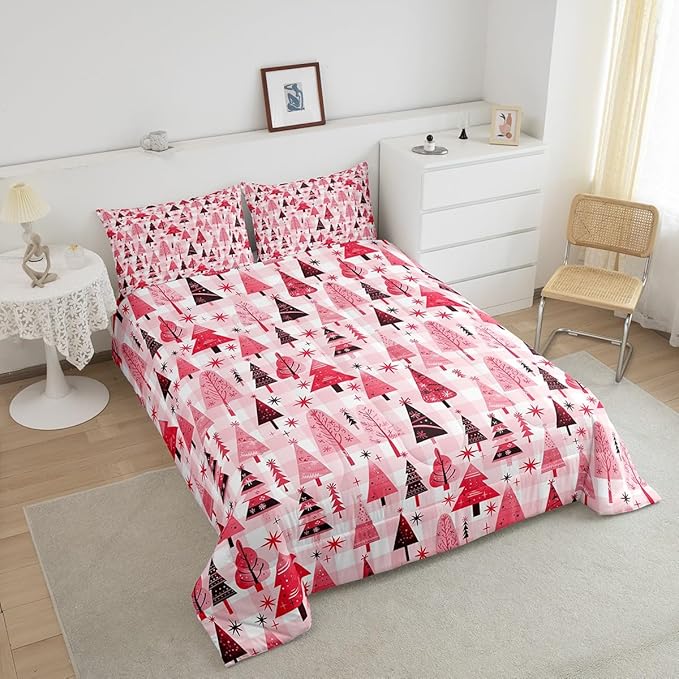 Manfei Cartoon Tree Comforter Set Queen Size, Christmas Theme Bedding Set 3pcs for Kids Girls Adults Bedroom Decor, New Year Pink Plaid Down Comforter Soft Polyester Quilt Set with 2 Pillowcases