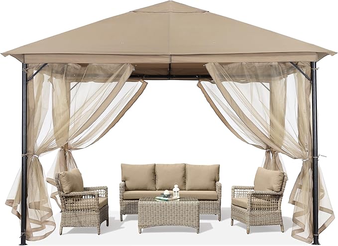 ABCCANOPY Outdoor Patio Gazebo 11x11 - Single Roof Canopy with Mosquito Netting for Backyard, Deck, Garden, Lawn, Khaki