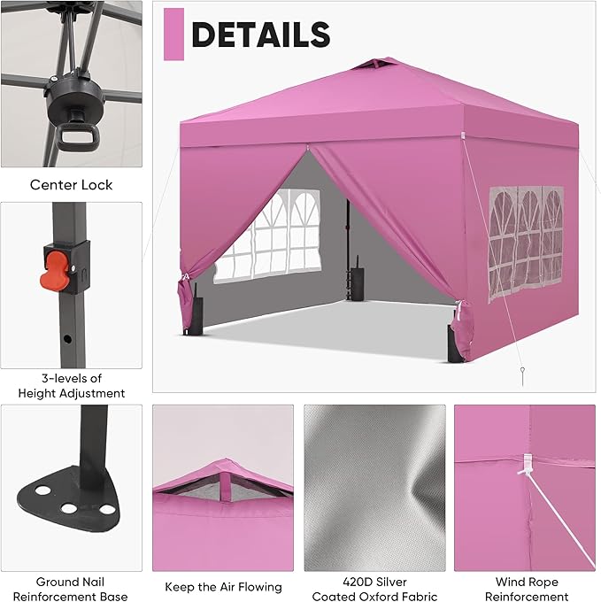 GDY 10x10 Pop Up Canopy Tent with 4 Sidewalls, Easy Set up with One Push Lift Outdoor Silver Coated Beach Gazebos, Carpas with 4 Sandbags, for Pool, Events, Parties, and Camping, Pink.