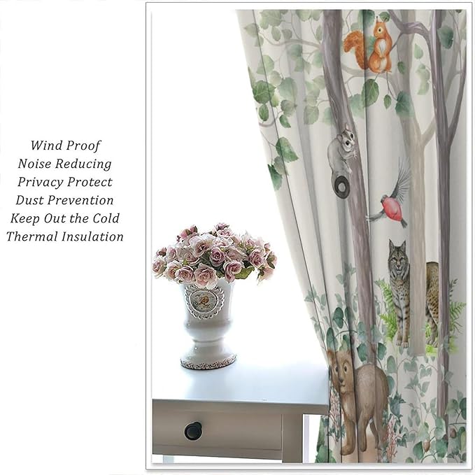 Woodland Animal Curtains, Cartoon Wild Rustic Forest Animals Pattern Window Treatments, Rod Pocket Thermal Insulated Drapes 2 Panel Sets for Kids Bedroom Nursery Classroom, 42" W X 45" L【Decor】