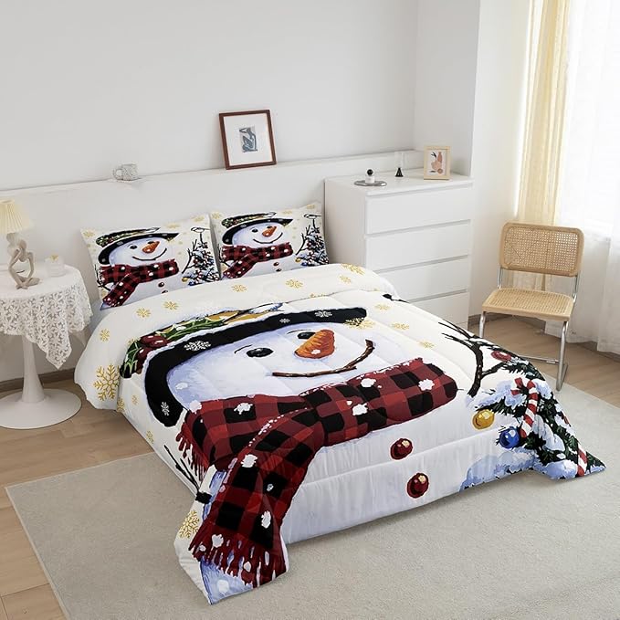 Feelyou Kids Christmas Theme Decorations Bedding Set Xmas Snowman Comforter Set for Boys Girls Snowflake Kawaii Cute Beige Golden Bedroom Collection King Size