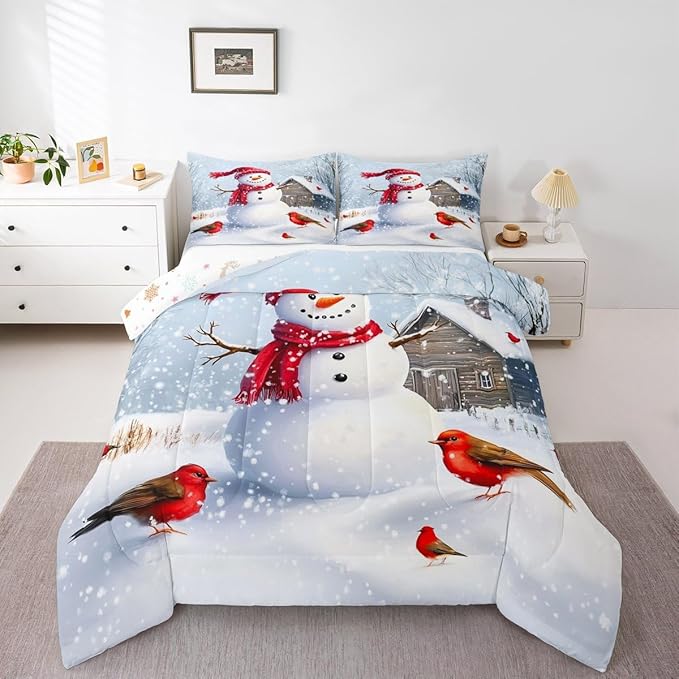 Feelyou Merry Christmas Comforter Set All Season Cute Snowman Bedding Set with 2 Pillow Cases Snowflake Microfiber Kids King Bedclothes Winter Bedroom Decor Duvet Quilt Breathable Soft Lightweight
