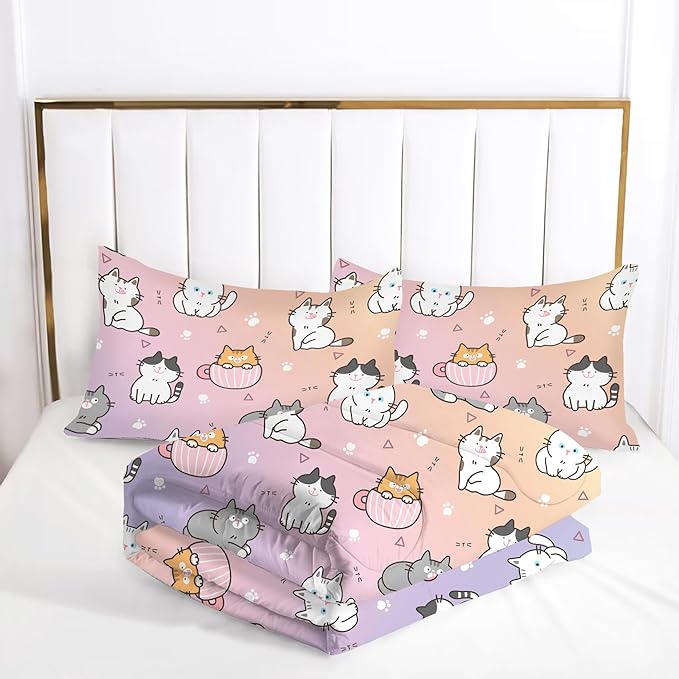Cat Comforter Set Queen: Colorful Cartoon Cats Bedding Set Cute Kitten Rainbow Feline Quilt 3 Piece for Women Girls Teens Adults 1 Comforter & 2 Pillowcases