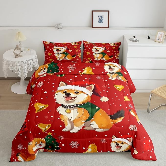 Cartoon Dog Comforter Set King Size,Bell Christmas Tree Star Snowflake Duvet Insert for Kids Boys Girls Room Decor,Cute Corgi Xmas Theme Bedding Set 3Pcs,Merry Christmas Red Quilt Set,2 Pillowcases