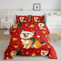 Cartoon Dog Bedding Set Full Size,Bell Christmas Tree Star Snowflake Comforter Set for Kids Boys Girls Room Decor,Cute Corgi Xmas Theme Duvet Insert 3Pcs,Merry Christmas Red Quilt Set,2 Pillowcases