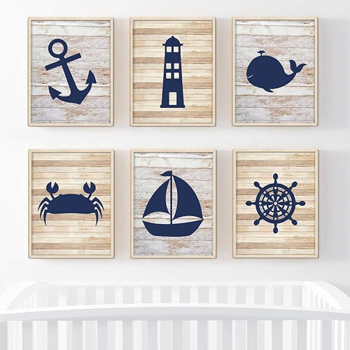 Andaz Press Ocean Nautical Sailor Theme Nursery Kids Bedroom Hanging Wall Art Decor, 8.5x11-inch, Rustic Distressed Wood, Anchor, Lighthouse, Whale, 6-Pack, Unframed Room Poster