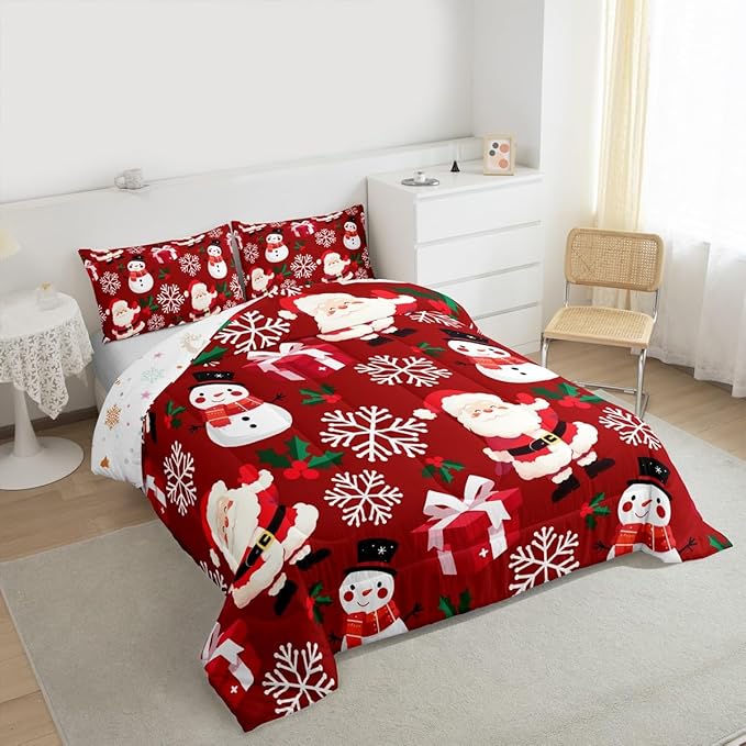 jejeloiu Merry Christmas Comforter Set Full Size Xmas Santa Claus Bedding Set for Kids Boys Girls Cute Snowman Duvet Quilt Red Bedroom Decor