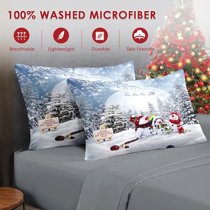 5 Pcs Twin Size Christmas Comforter Set with Pillowcase & Sham, Winter Snowy Forest Bedding for Kids and Adults, Happy Xmas Snowman Bed in a Bag with Flat Fitted Sheet