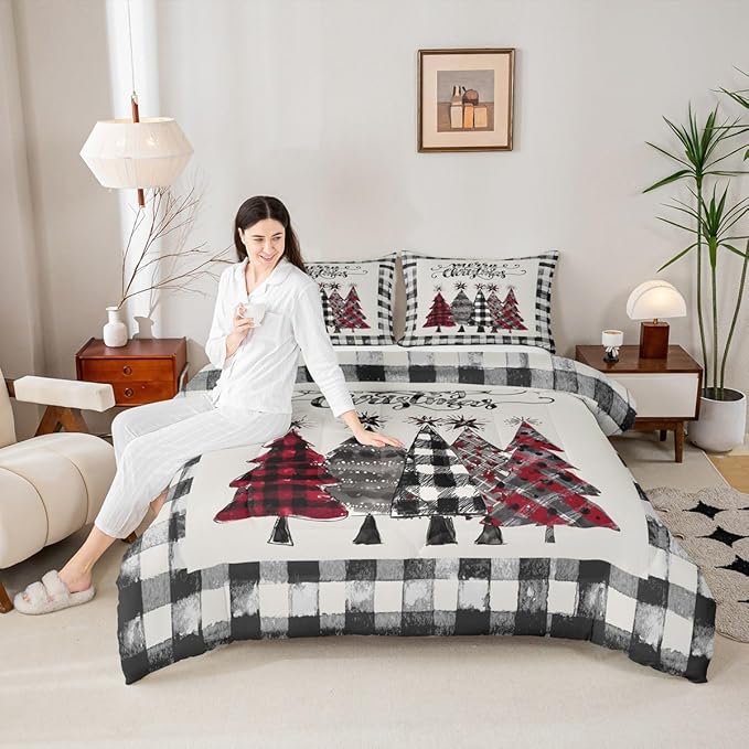 Christmas Trees Kids Comforter Set Full Size,Geometric Grids Ink Tie-dye Bedding,Girls Boys Adults Bedroom/Xmas Cabin Decor,Rustic Vintage Down Comforter,Black Grey Retro Duvet Insert,2 Pillowcases